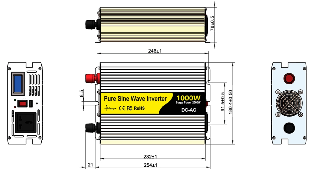 1000 watt pure sine wave inverter dimension