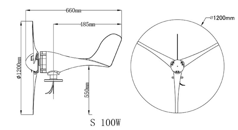 100w wind turbine dimension