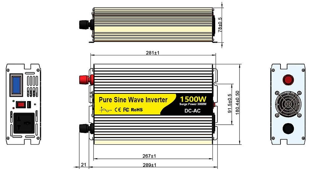 1500 watt pure sine wave inverter dimension