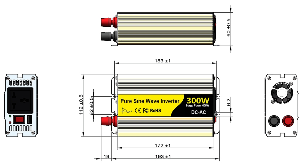 300W pure sine wave inverter dimension