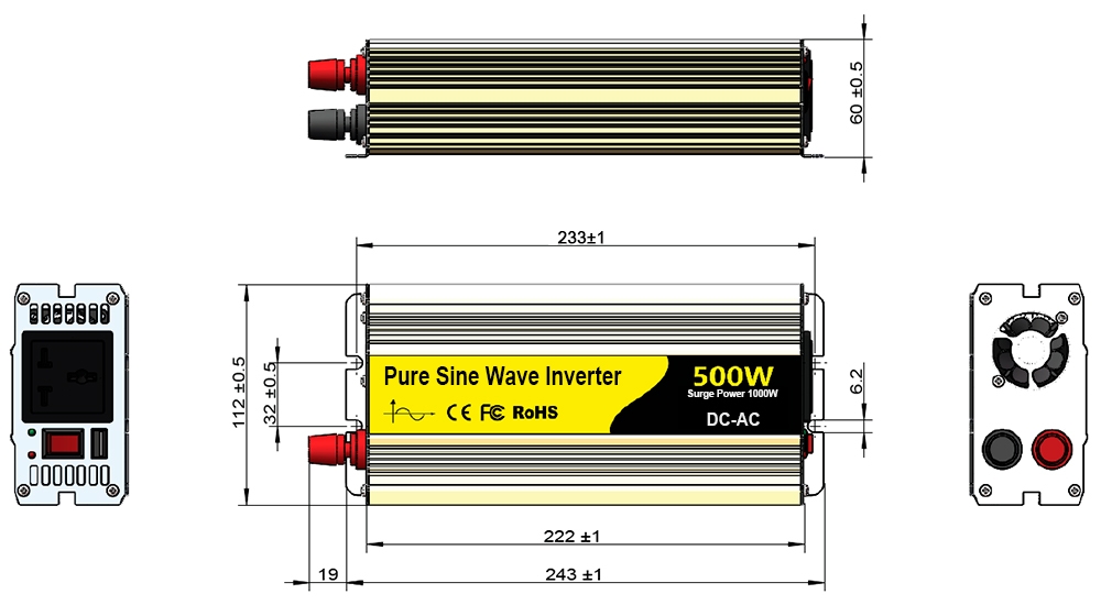 500W pure sine wave inverter dimension