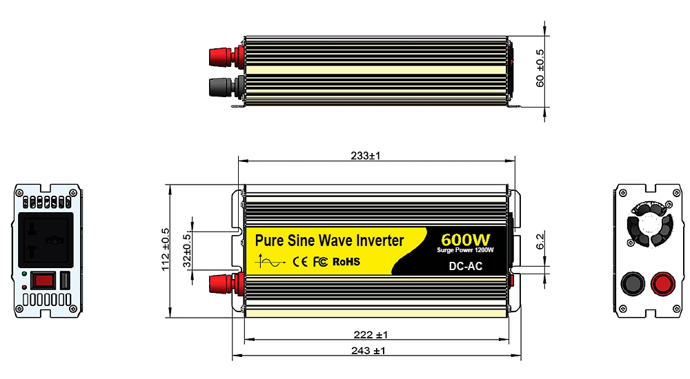 600 watt pure sine wave inverter dimension