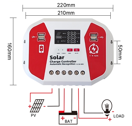 90a PWM solar charge controller dimension and wiring