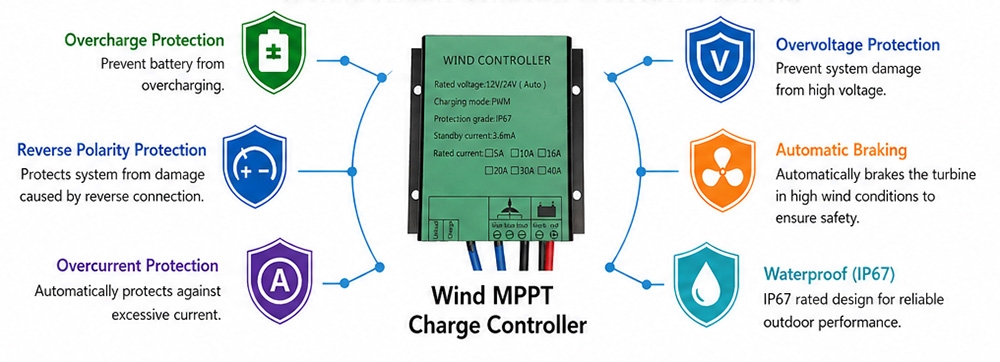 Wind turbine charge controller protection functions