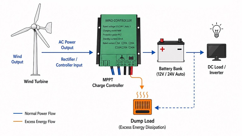 Wind turbine charge controller system diagram