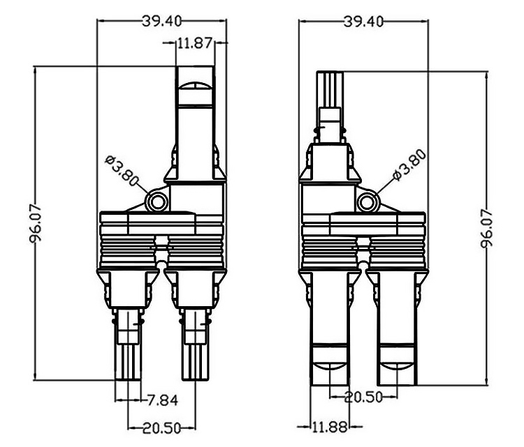 Solar connector h branch 2 to 1 size